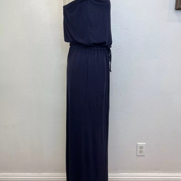 JCrew Women's Strapless Bouncy Flowy Drawstring Waist Pocket Maxi Dress NavyBlue - Picture 7 of 10